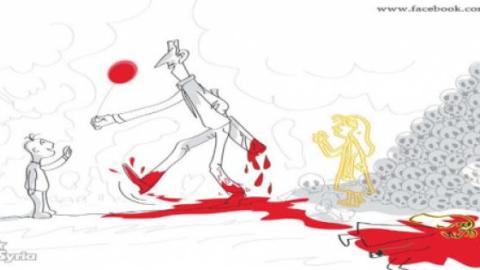 Cartoon depicting Bachar al-Assad walking on a pool of blood and handling a baloon to a child... Source: Comic4Syria facebook site