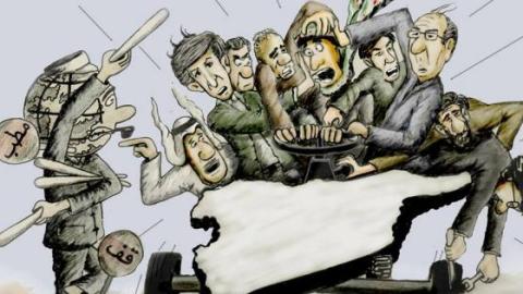 A cartoon showing how the world cant help directing all of the politicians who are trying to take over Syria. Source: Horan's Artist facebook page.