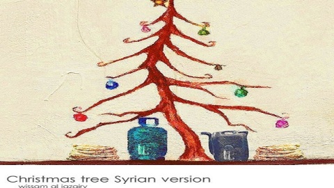 Cooking gas and bread take the place of gifts under leafless christmas tree in Syria. Source: Dawlaty.