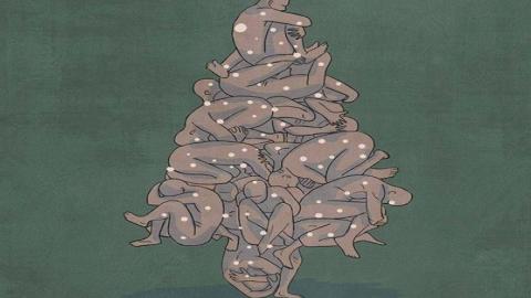 لوحة للفنانة سلافة حجازي تمثل شجرة ميلاد مكوّنة من أجساد السوريين. المصدر: صفحة الفنانة على الفيسبوك