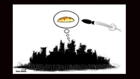 Starvation and barrels on Yarmouk, by Hani Abbas. Source: the artist´s facebook page.