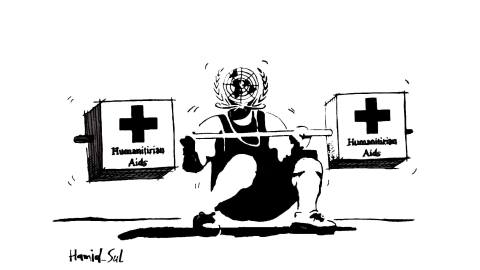 Cartoon on the world's struggle regarding aid delivery to Syria. By Abdulhamid Sulaiman for the UNDelivered campaign