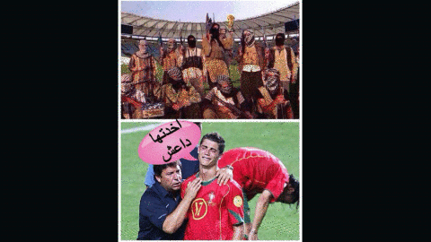 An image of ISIS, juxtaposed to a tearful image of Portuguese player Cristiano Ronaldo. Source: facebook users.