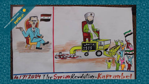 لوحة تسخر من الخليفة وتظهر الأسد مرتاحا دلالة على كون الأول يحقق أجندة الثاني. المصدر: صفحة لافتات كفرنبل على الفيسبوك