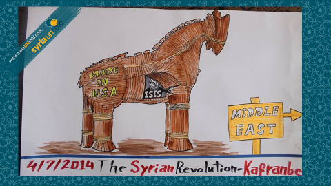 لوحة لفناني كفرنبل تمثل حصان طرادوة وبه الخليفة يظهر وهو يأتمر بأوامر أمريكية. المصدر: صفحة لافتات كفرنبل على الفيسبوك