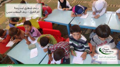 أطفال يواصلون تعليمهم في مدرسة أم القرى في ريف حلب بعد تجهيز المدرسة من قبل المغتربين الحلبية. المصدر: الصفحة الرسمية للمجموعة على الفيسبوك
