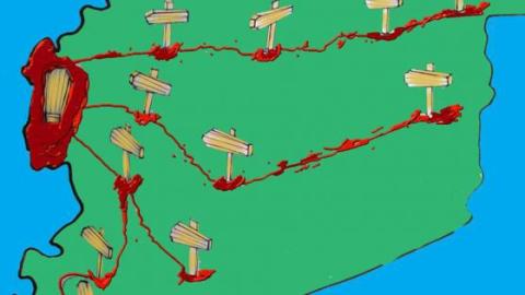 Drawing by Abi al-Baraa shows the map of Syria as a road signaled by coffins leading to the coast. Source: The Cry's Facebook page.