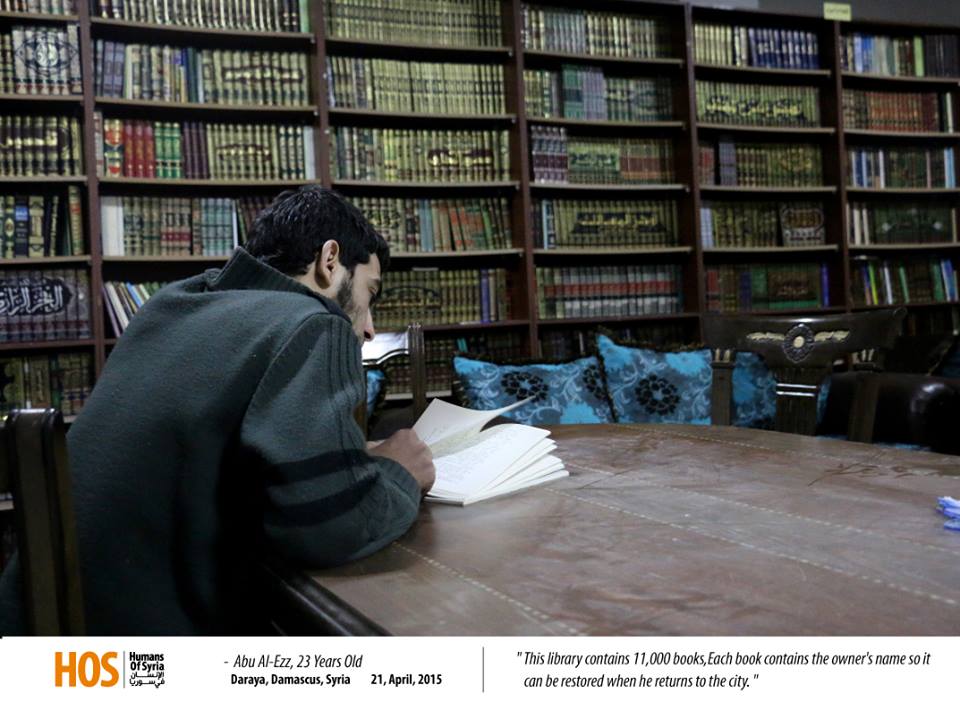 Abu al-Izz, at the public library he helped create in Darayya. Source: Humans of Syria.