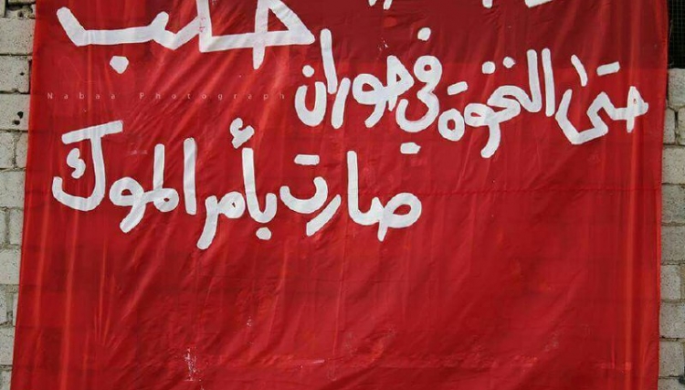إحدى اللافتات في مظاهرات درعا لأجل حلب، المصدر: موقع بلدي نيوز.